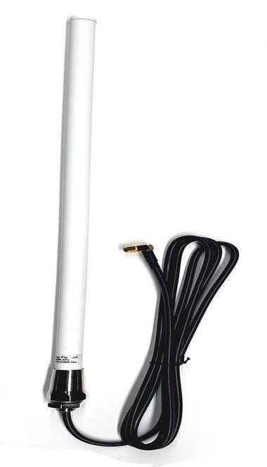 The DG850MB-MINI slim white fibreglass antenna with its coiled low-loss cable