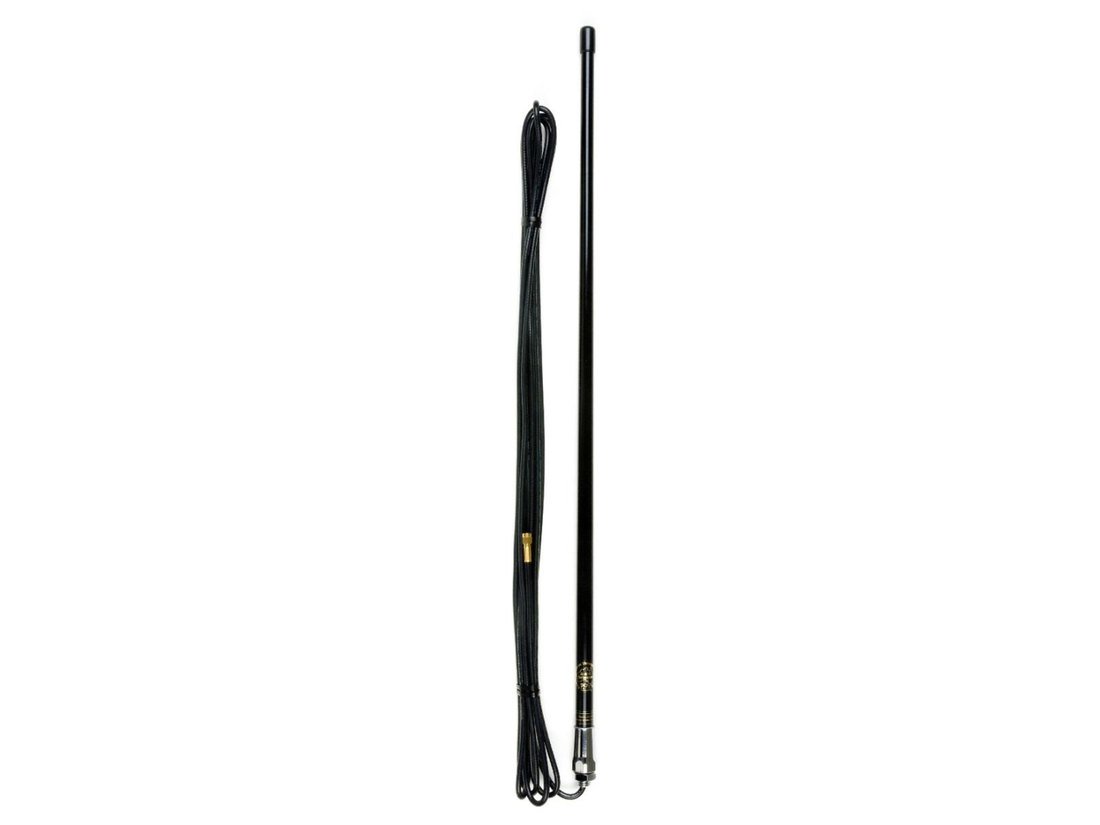 The DG900MB-HG high-gain multiband antenna with its low-loss cable coiled beside it